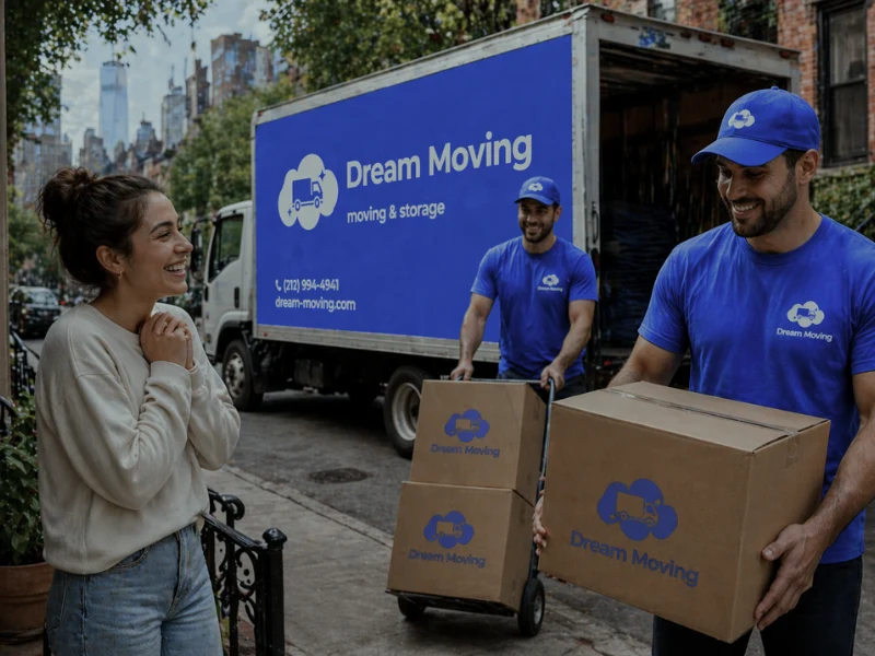 Young woman smiling outside a NYC apartment building as Dream Moving movers unload boxes from a branded truck during a last-minute move.